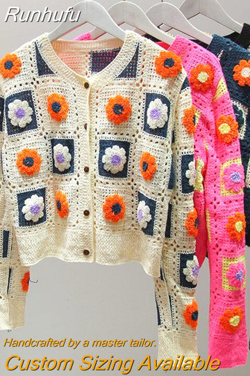 Runhufu Fall Women's Crochet Cardigans Multicolor Y2k Vintage Knitted Sweaters Long Sleeve Loose Coats Warm Sweaters 3 Colors